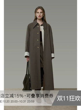 UNSPOKEN撞色风衣女长袖翻领气质高级感前襟复古圆扣气质宽松外套