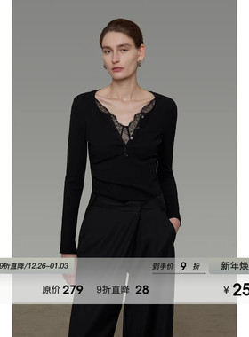 UNSPOKEN极简蕾丝V领修身针织衫女2026春季新款显瘦百搭气质上衣