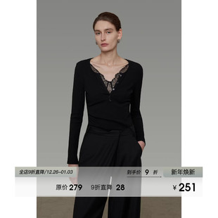 新款 女2026春季 显瘦百搭气质上衣 针织衫 UNSPOKEN极简蕾丝V领修身