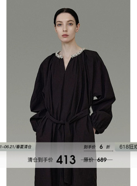 UNSPOKEN设计感褶皱V领长袖连衣裙宽松显瘦春季慵懒气质黑色长裙