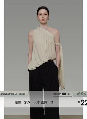UNSPOKEN法式不规则斜肩上衣女夏季无袖外穿设计感飘带背心吊带