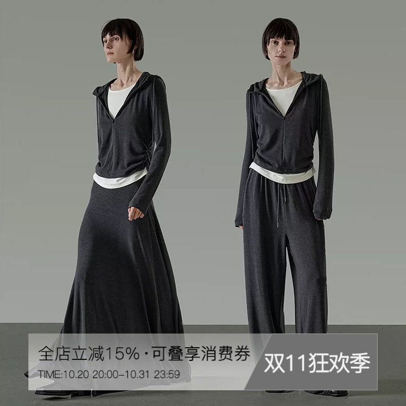 UNSPOKEN运动套装女秋季宽松显瘦带帽上衣休闲裤长裙设计感三件套