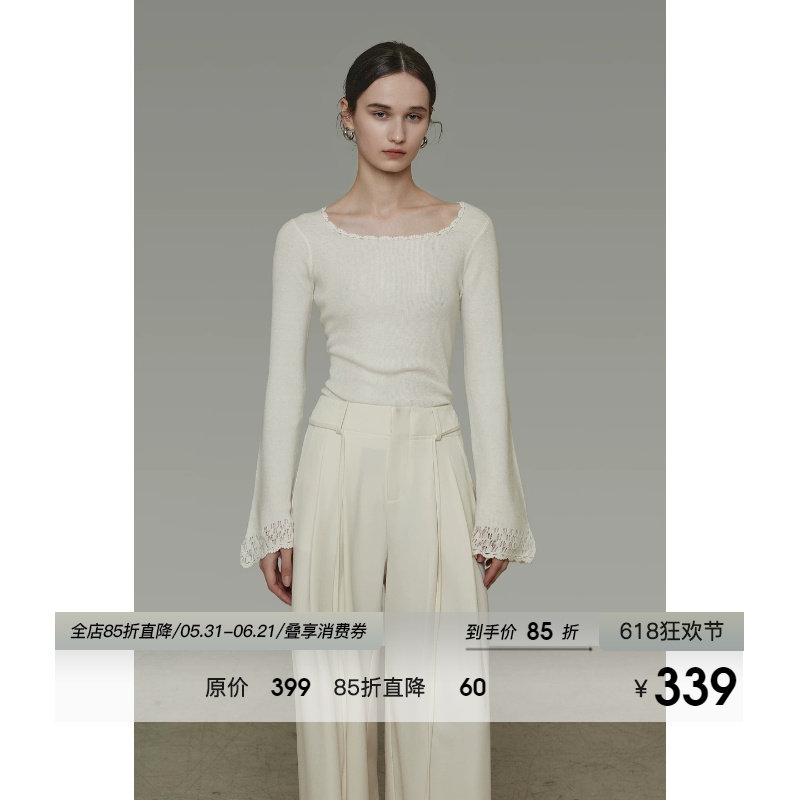 UNSPOKEN手工钩针花边针织衫女春2026新款原创设计感喇叭袖打底衫