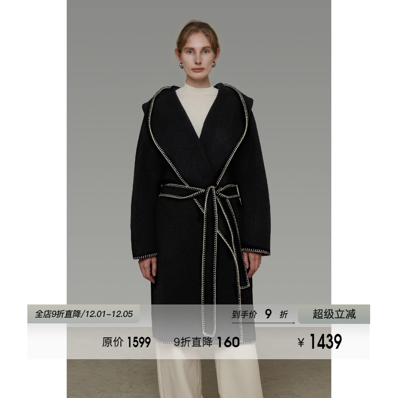 UNSPOKEN100羊毛连帽毛呢外套女冬季宽松显瘦高级感双面呢大衣