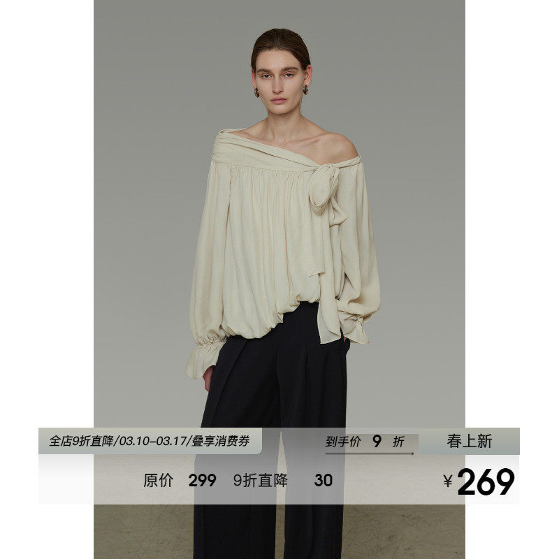 UNSPOKEN法式不规则斜肩衬衫女春季2026新款设计感系带露肩上衣