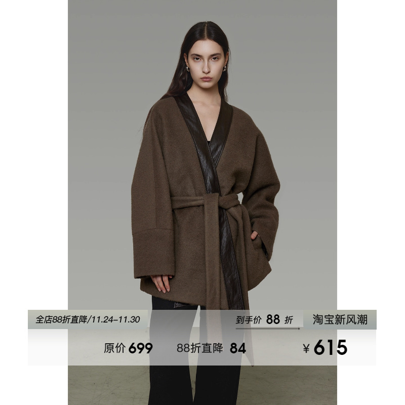 UNSPOKEN拼接V领系带毛呢外套女2025冬季新款收腰显瘦呢子大衣