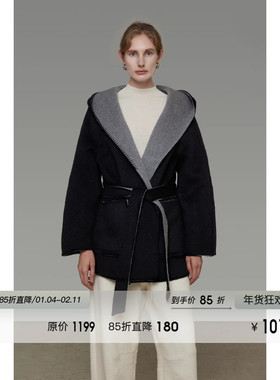 UNSPOKEN100羊毛撞色连帽系带双面呢外套女冬宽松高级感毛呢大衣