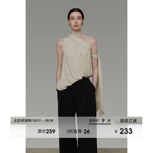 無袖 外穿設計感飄帶背心吊帶 不規則斜肩上衣女夏季 UNSPOKEN法式