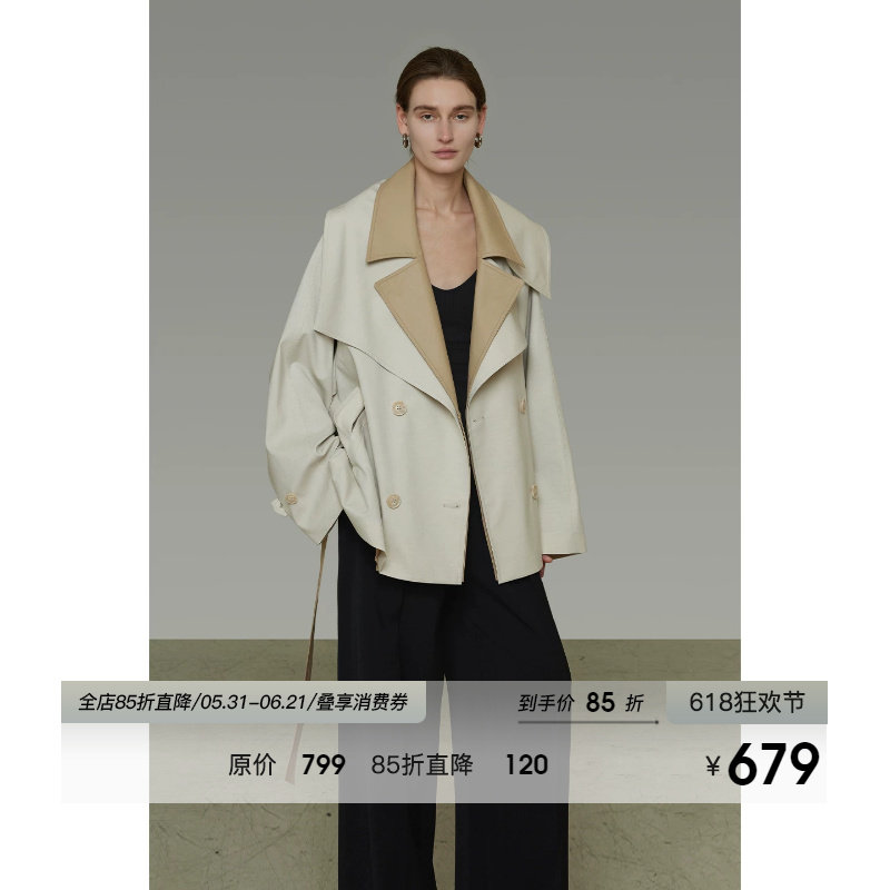 UNSPOKEN2026春装新款撞色廓形翻领风衣短款拼接宽松设计感外套女