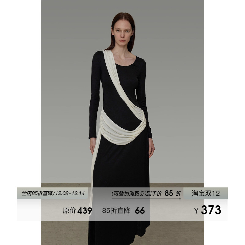 UNSPOKEN极简撞色飘带长袖连衣裙女秋2025新款修身显瘦设计感长裙