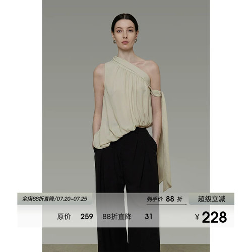 UNSPOKEN法式不规则斜肩上衣女夏季无袖外穿设计感飘带背心吊带