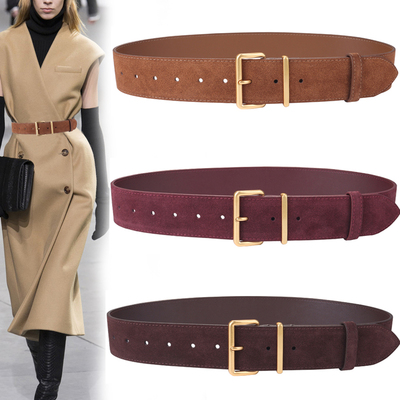 棕色复古磨砂牛皮宽腰带女配大衣西装装饰连衣裙子真皮宽皮带女款