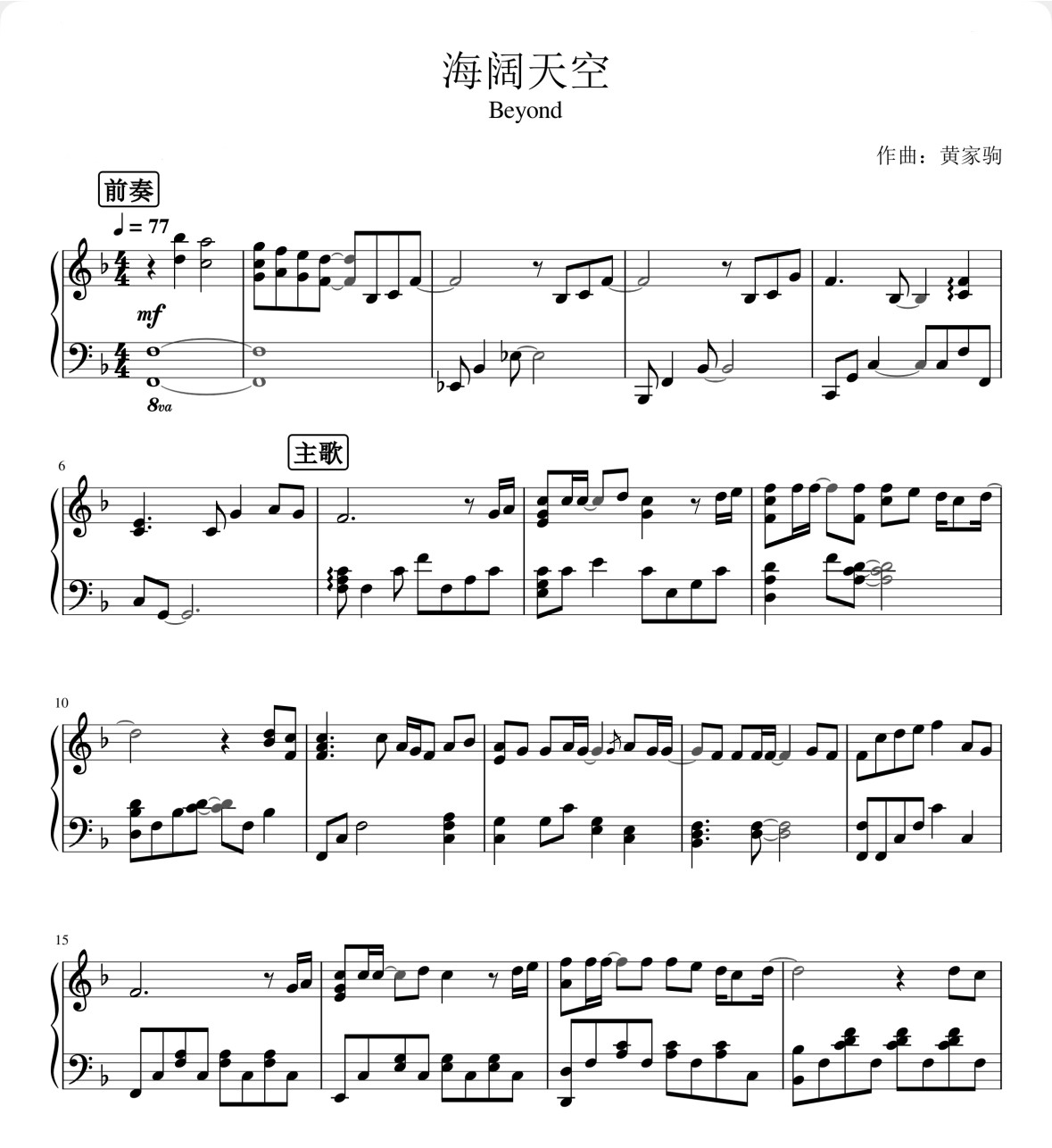 海阔天空-钢琴独奏谱-高清电子谱-五线谱版+简谱版流行钢琴曲