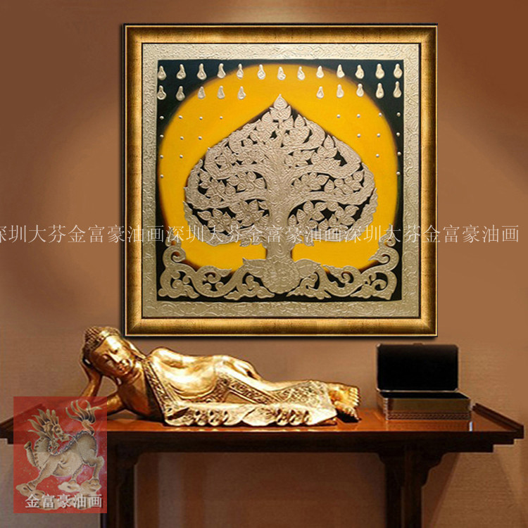 东南亚风格手绘装饰画瑜伽馆酒店会所玄关家居壁画金色菩提树挂画图片