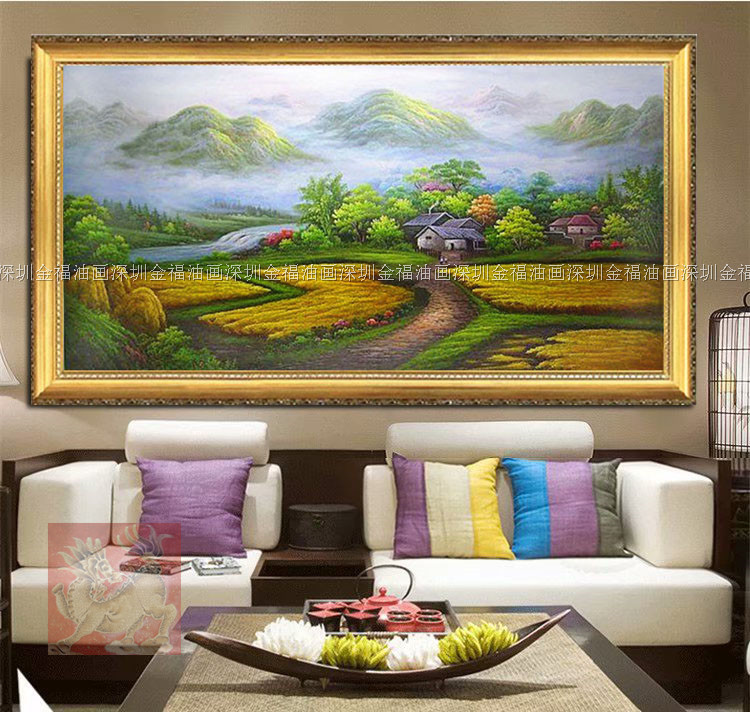 手绘早晨田园丰收图大山风景油画稻田客厅别墅家居酒店书房挂画