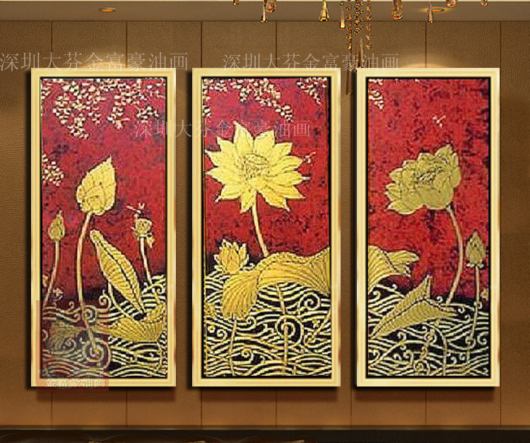 东南亚风格金色荷花装饰画 客厅酒店家居挂画 纯手绘装饰挂画油画图片