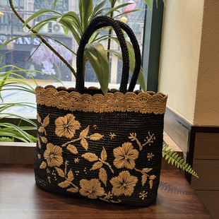 黑色拉菲草托特大包包编织花朵刺绣手提包女度假风田园风单肩包潮