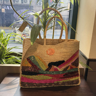 重手工度假风拉菲草编织手提包女大容量彩色条纹托特包民族风海边