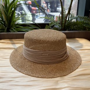 优雅天然草编帽女夏季 海边度假平顶平檐防晒沙滩帽镂空太阳帽气质