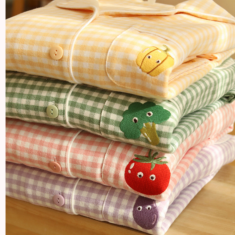 秋冬季纯棉睡衣全棉磨毛绒布女士简约格纹刺绣休闲女士家居服套装