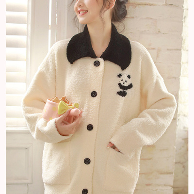 冬季新款睡衣女软绵绵半边绒睡衣熊猫全棉长袖长裤女士可爱家居服