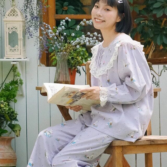 秋冬季纯棉磨毛绒布少女兔睡衣蕾丝花边公主可爱长袖长裤家居服新