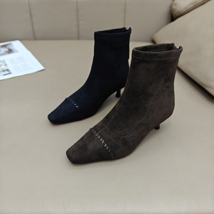 法式复古绒面方头瘦瘦靴女2025新款秋冬小众配裙子猫跟细跟弹力靴