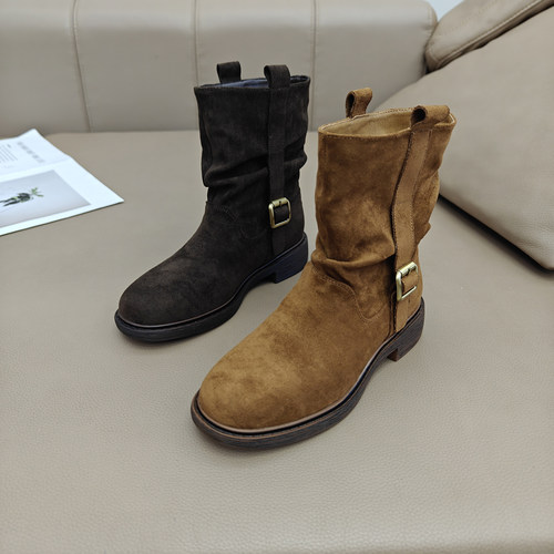 圆头时尚褶皱堆堆靴中筒靴牛仔靴