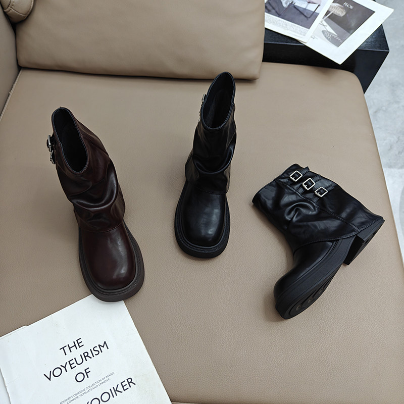 粗跟圆头时装靴裤管靴2025秋冬新款中筒休闲套筒短靴堆堆靴女靴子