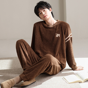 珊瑚绒加绒加厚保暖套头家居服套装 半边绒青少年男款 睡衣秋冬季