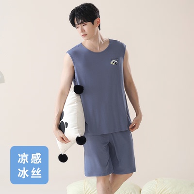 男款冰丝无袖坎肩睡衣套装可外穿