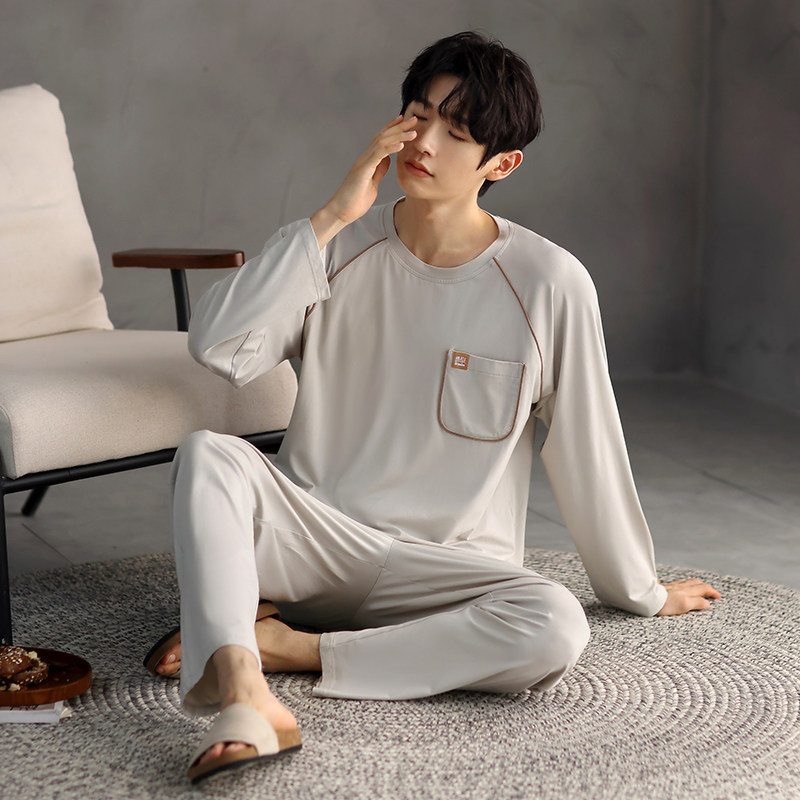 男士睡衣秋冬季莫代尔棉长袖长裤青少年休闲简约家居服套装