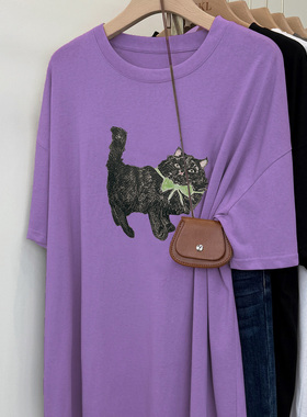 超火cec美式复古纯棉大码短袖t恤女夏宽松独特别致紫色上衣ins潮