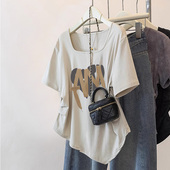 宽松oversize上衣夏 下摆不规则收腰T恤女大码 方领短袖 女2024新款