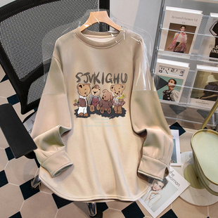 韩系chic长袖打底衫女慵懒风ins潮大码冬季加绒圆领中长款上衣女