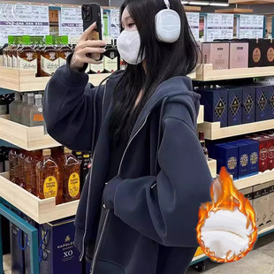 外套女加厚 加绒连帽拉链卫衣oversize开衫 美式 hiphop藏蓝巨好看
