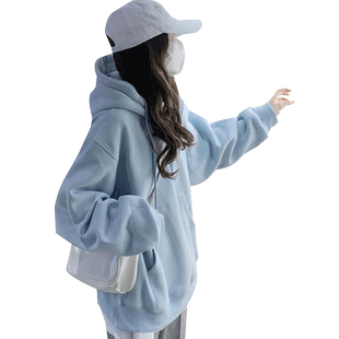 连帽上衣oversize大码减龄奶系蓝色卫衣女潮ins秋冬爆款套头外套