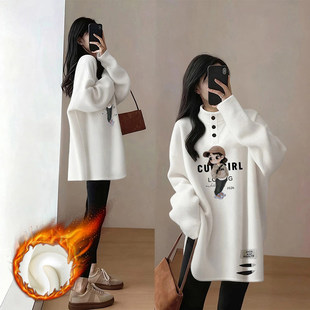 大码长袖T恤女加绒半高领中长款遮屁股打底衫超好看单穿破洞上衣