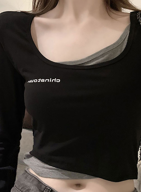 2020年秋装短款修身显瘦T恤女小心机设计长袖假两件露脐上衣ins潮