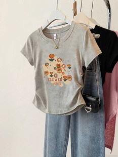 短袖 夏季 收腰遮肚子上衣女ins潮牌显瘦短款 t恤女2024新款 胖mm大码