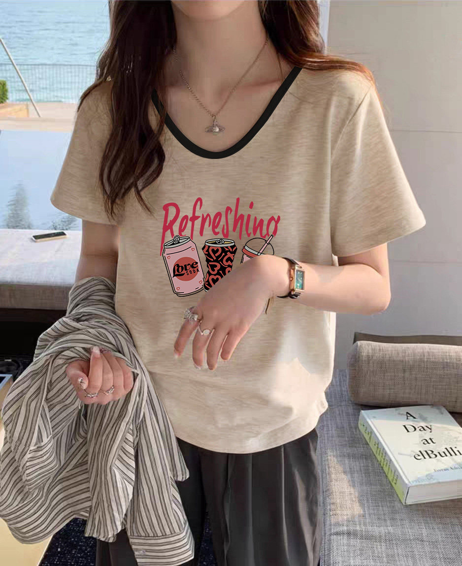港味复古chic大码正肩t恤女撞色V领设计感短袖ins闺蜜印花上衣夏