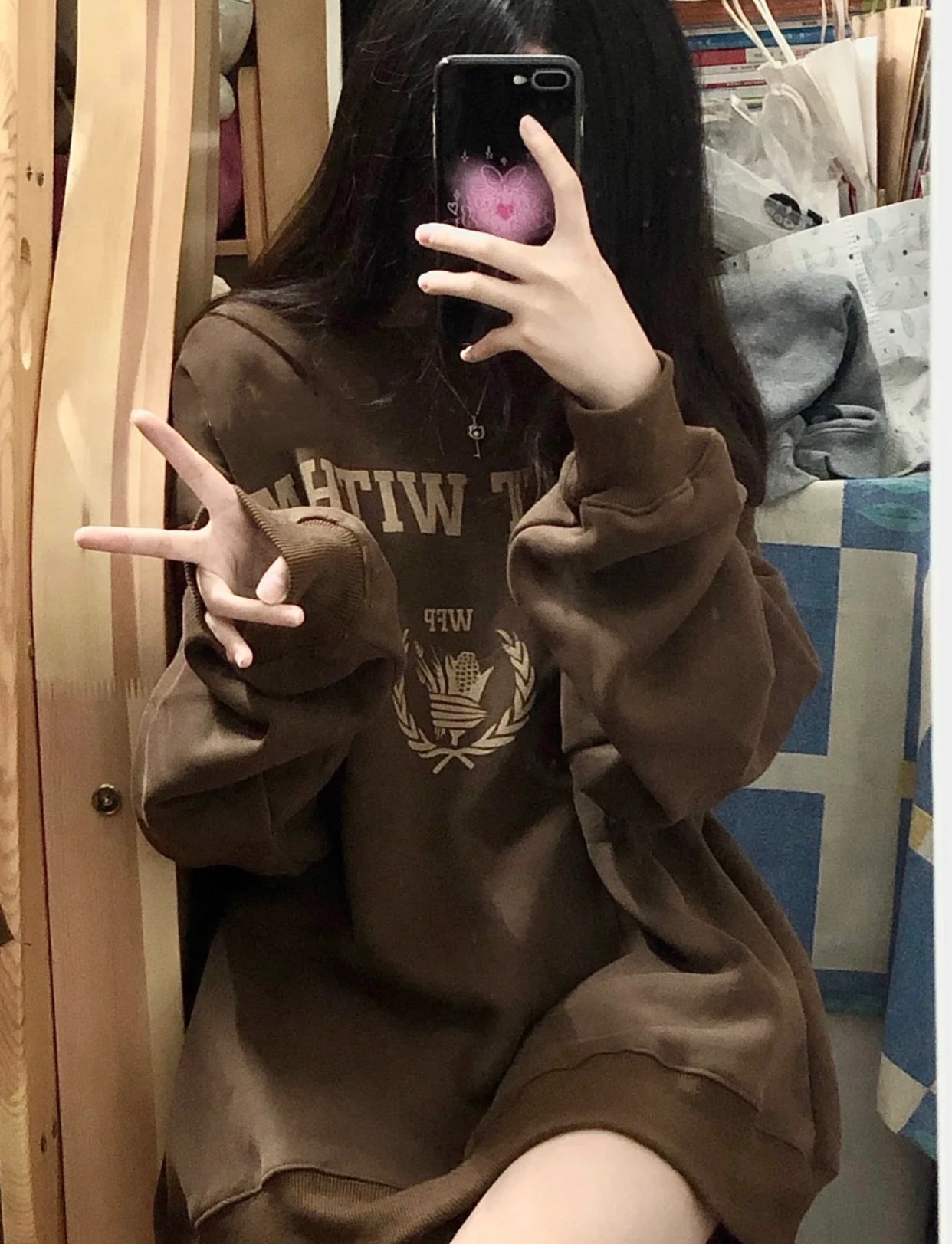 oversize咖色大码卫衣女秋复古潮