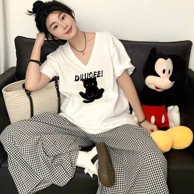 超火cec小猫短袖t恤女V领大码