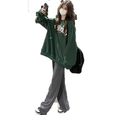 胖mm美式绿色复古加绒小众卫衣女