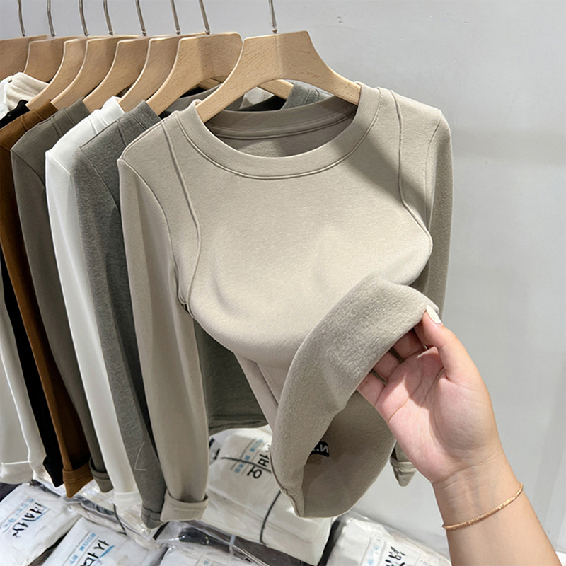 秋冬磨毛长袖t恤女加绒加厚大码修身显瘦打底衫纯欲风高级感上衣