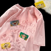 薄款 粉色2023夏季 大码 街头风卡通t恤女宽松短袖 纯棉上衣ins潮 美式