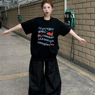 欧货大码 女胖mm潮chic上衣服设计感炸街甜酷黑色t恤oversize 短袖