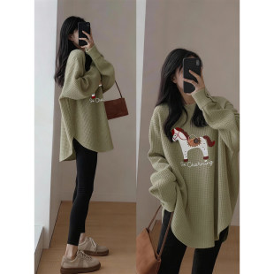 vintage欧货炸街中长款 T恤女多巴胺加绒绿色上衣ins潮 华夫格长袖