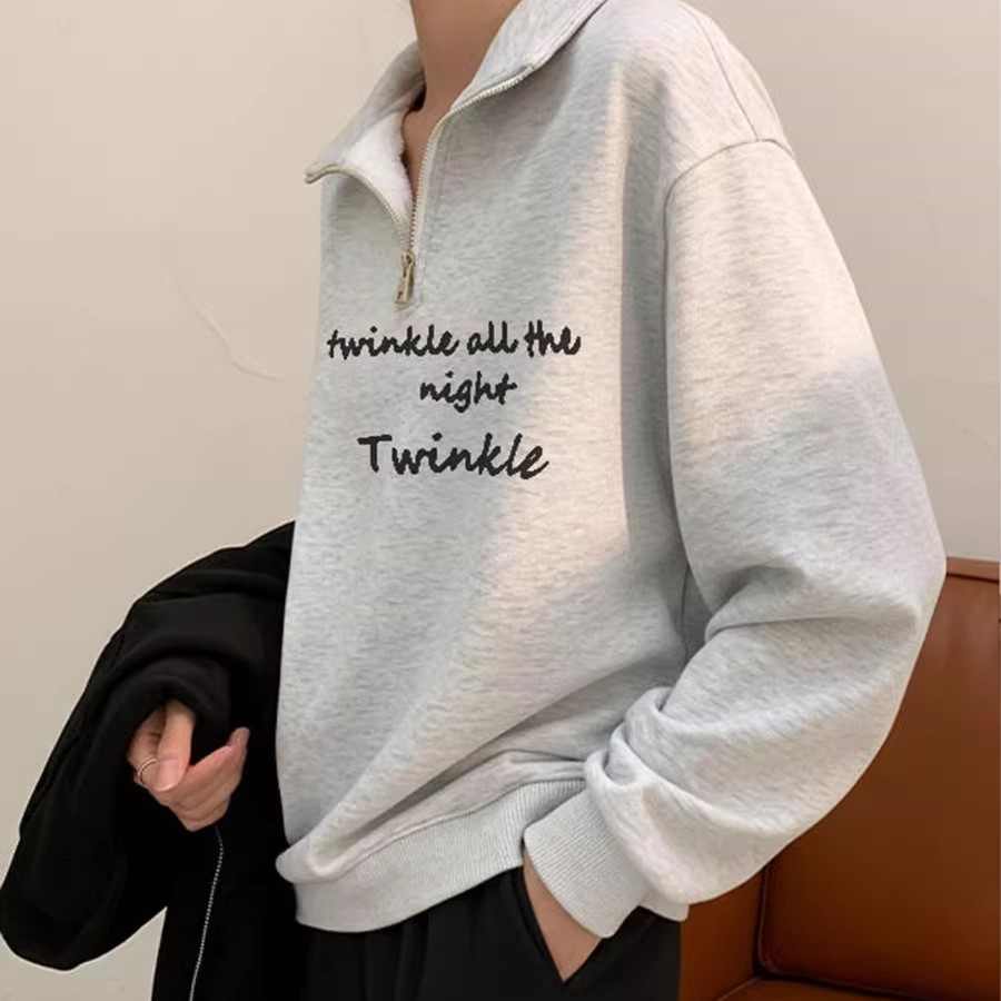 大码美式半开领拉链嘻哈卫衣女