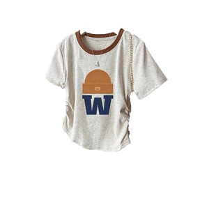 韩系chic猫咪印花t恤女2024夏季新款短款修身闺蜜上衣正肩短袖潮